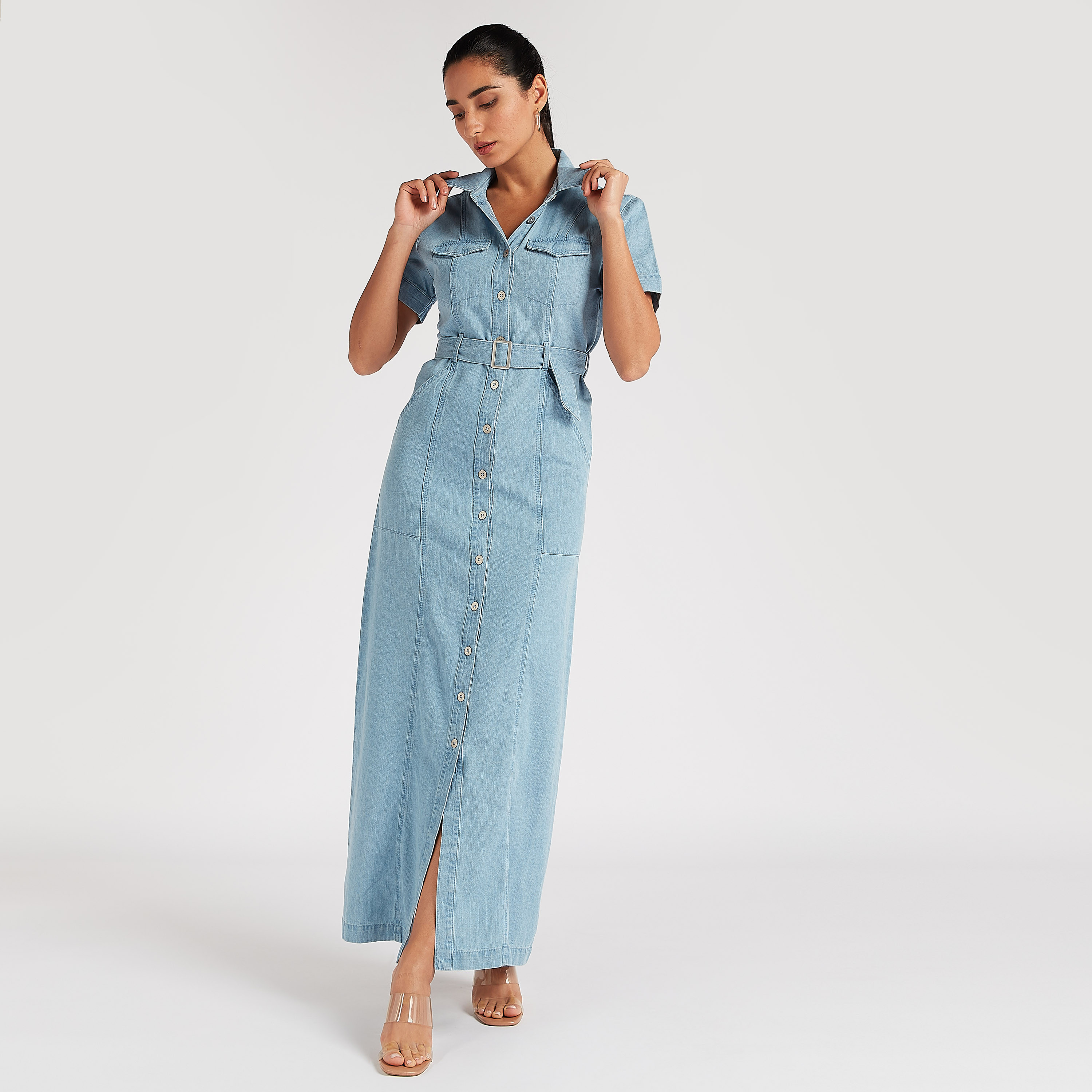 فستان قميص طويل سادة بحزام خصر وجيوب-women-clothing-dresses-image-2