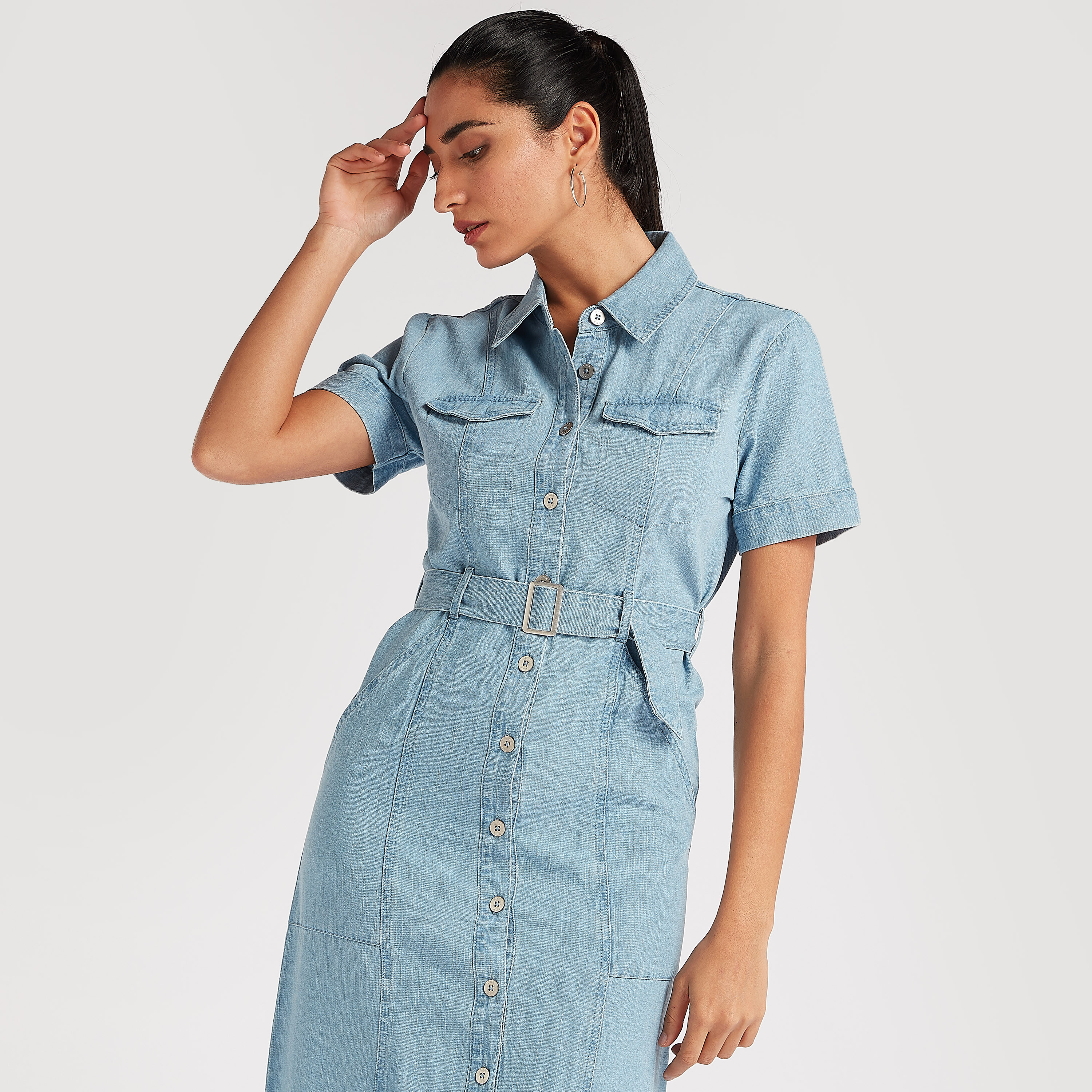 فستان قميص طويل سادة بحزام خصر وجيوب-women-clothing-dresses-image-5