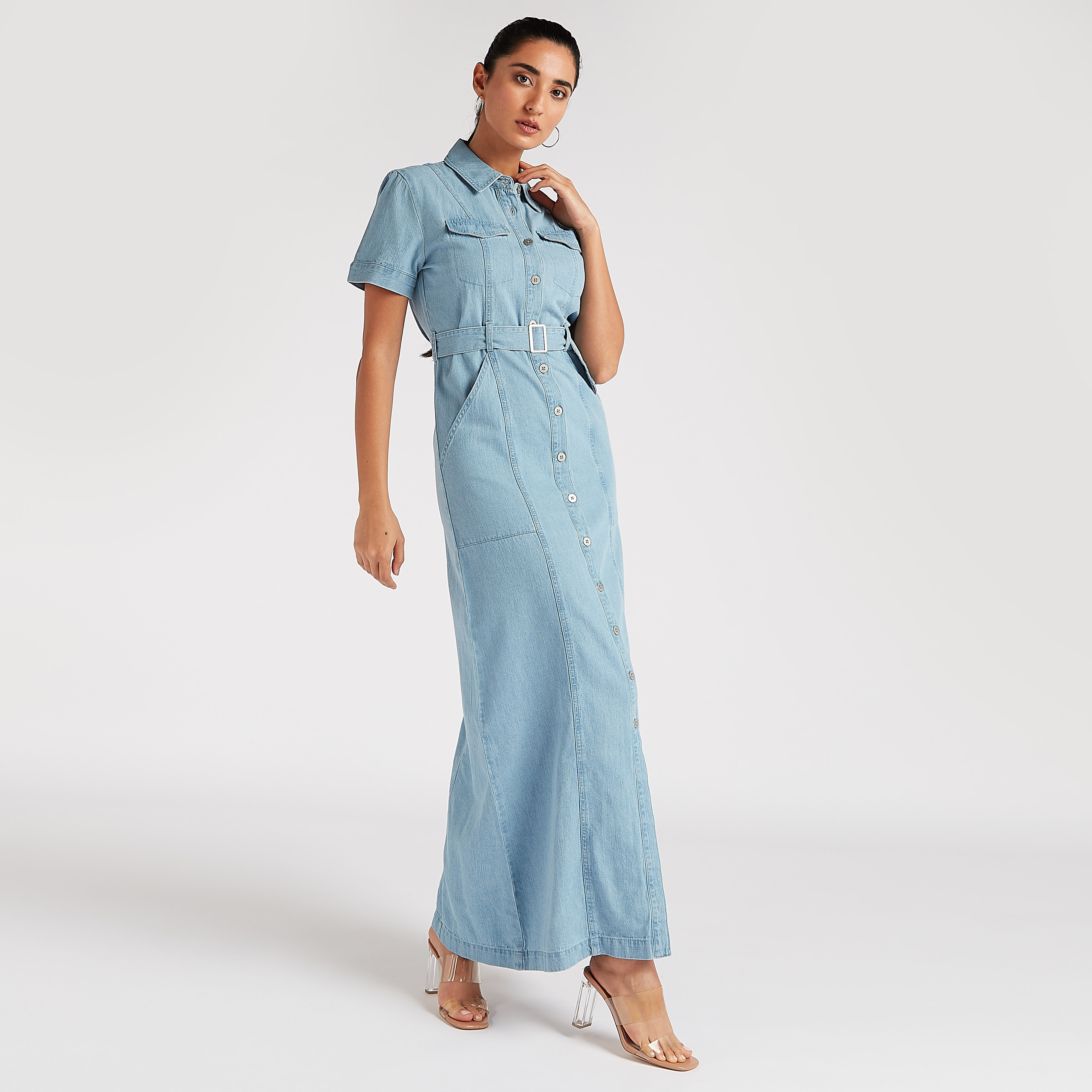 فستان قميص طويل سادة بحزام خصر وجيوب-women-clothing-dresses-image-6
