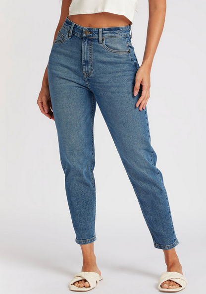 Solid Mom Jeans with Pockets and Button Closure