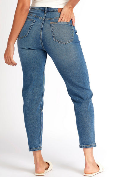 Solid Mom Jeans with Pockets and Button Closure