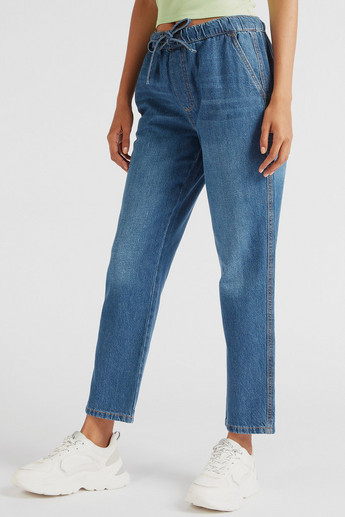 Shop Solid Mid-Rise Slouchy Jeans with Elasticated Drawstring