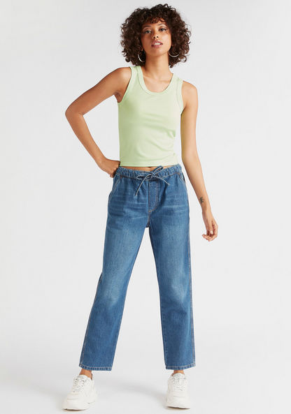 Solid Mid-Rise Slouchy Jeans with Elasticated Drawstring
