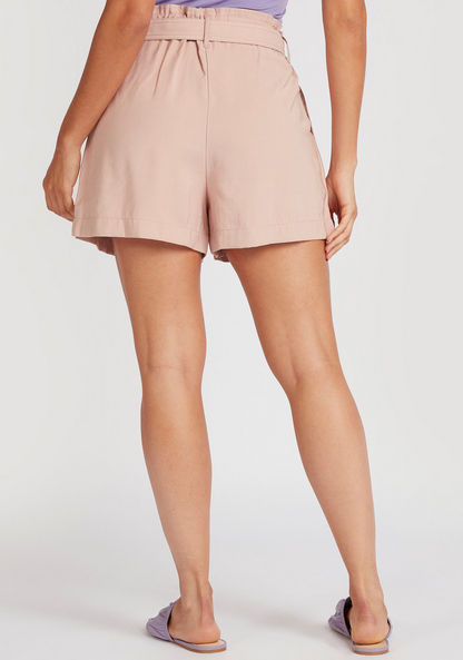 Solid High-Rise Shorts with Belt Tie Up and Button Closure