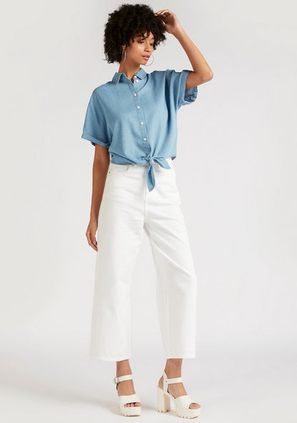 Solid Shirt with Spread Collar and Front Tie-Ups-Shirts & Blouses-image-1