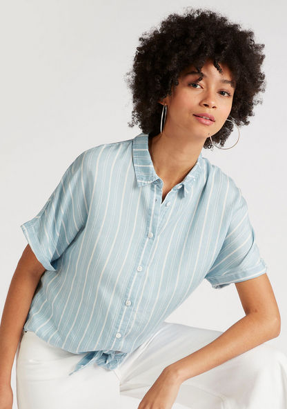 Striped Shirt with Spread Collar and Front Tie-Ups