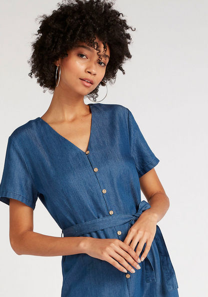 Midi Denim A-line Belted Dress with Short Sleeves