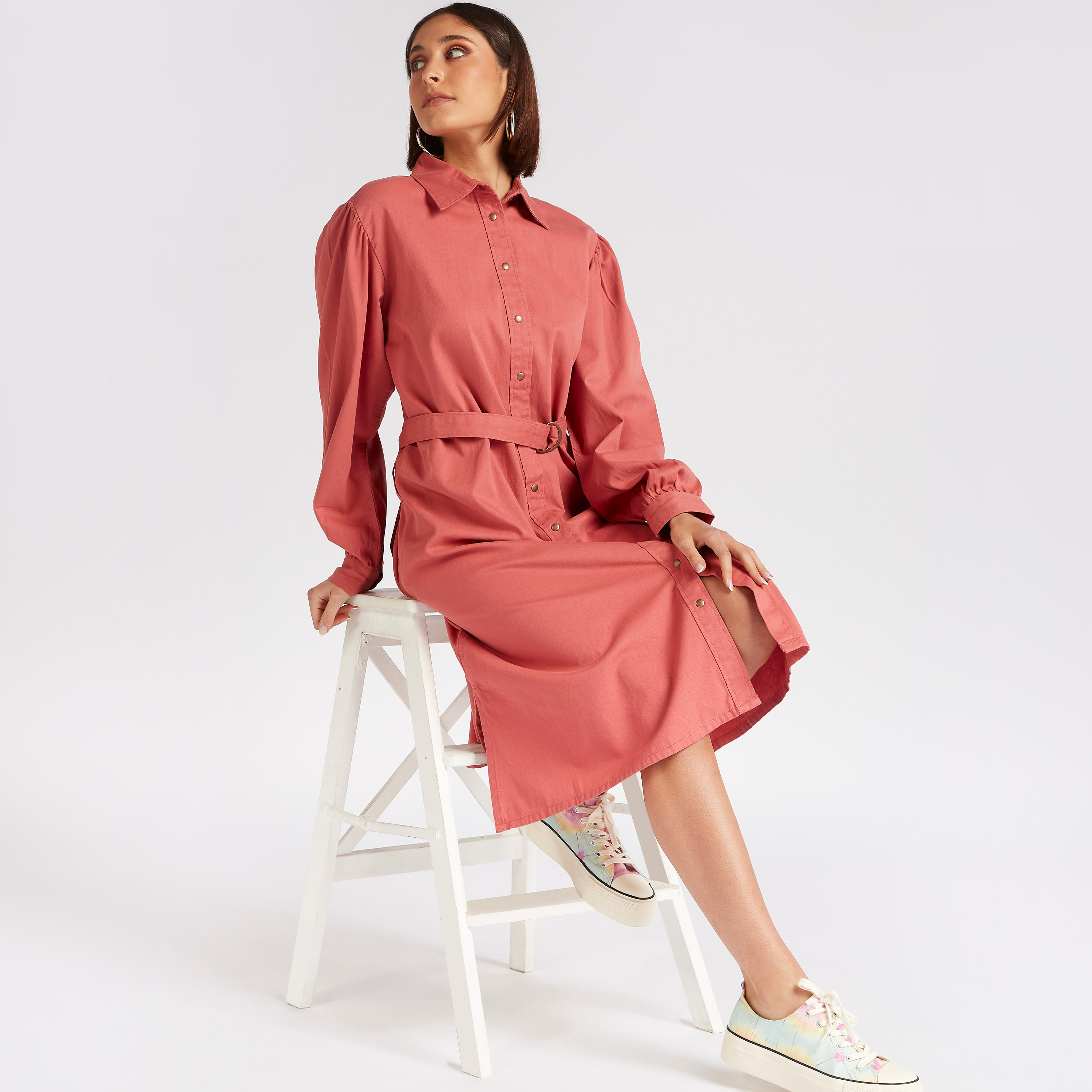 Long belted shirt dress on sale