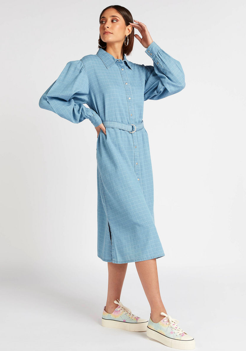 Checked Midi Shirt Dress with Long Sleeves-Dresses-image-0