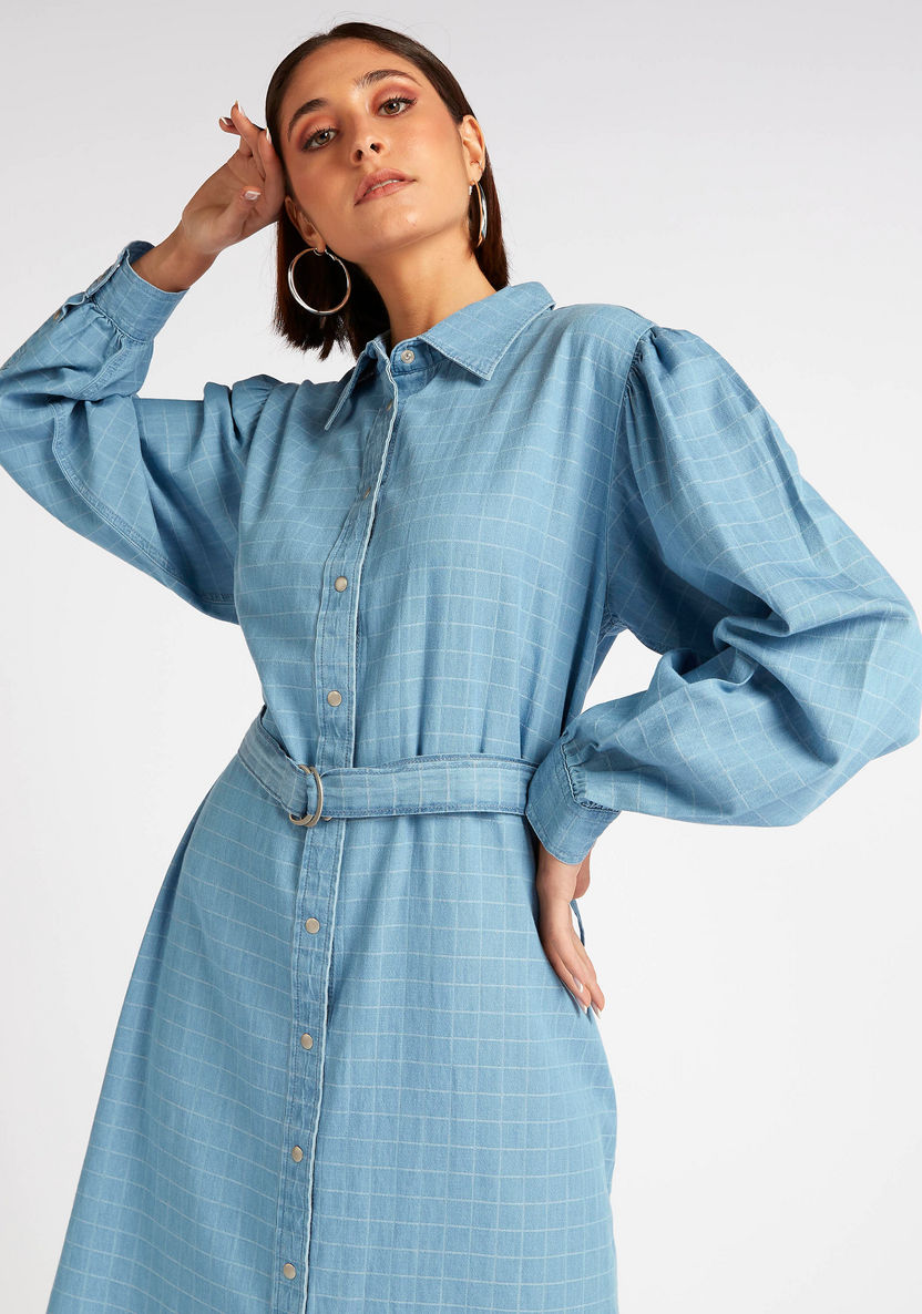 Checked Midi Shirt Dress with Long Sleeves-Dresses-image-1
