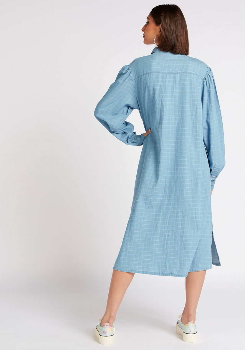 Checked Midi Shirt Dress with Long Sleeves-Dresses-image-3