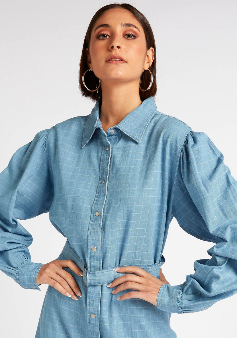 Checked Midi Shirt Dress with Long Sleeves-Dresses-image-4