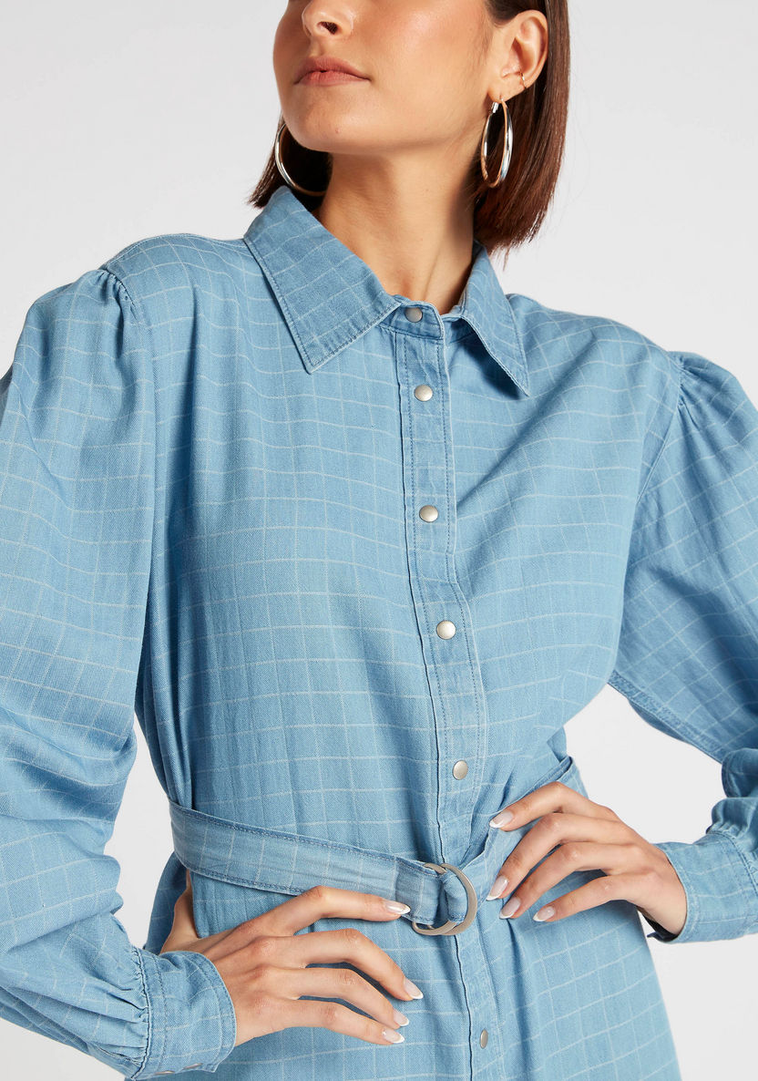 Checked Midi Shirt Dress with Long Sleeves-Dresses-image-6
