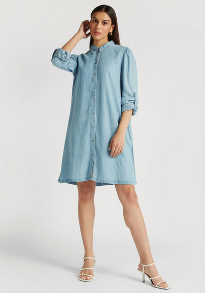 Solid Denim Collared Tunic with Long Sleeves and Pocket