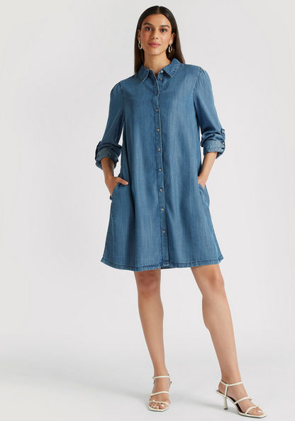 Solid Denim Collared Tunic with Long Sleeves and Pocket