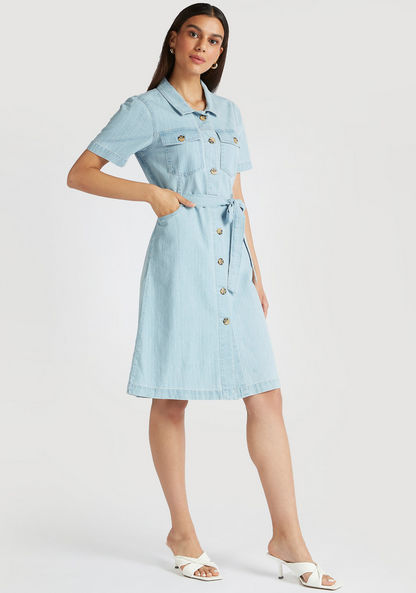 Solid Midi Shirt Dress with Pockets and Tie-Up Belt