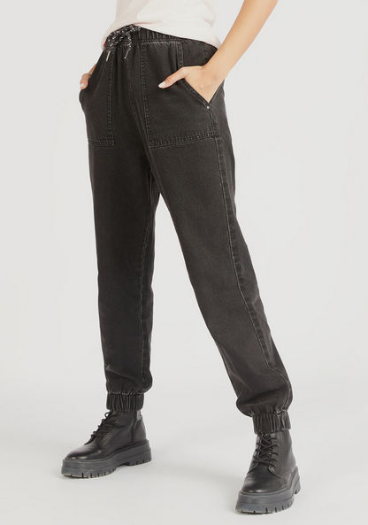 Mid-Rise Denim Joggers with Pockets and Drawstring Closure