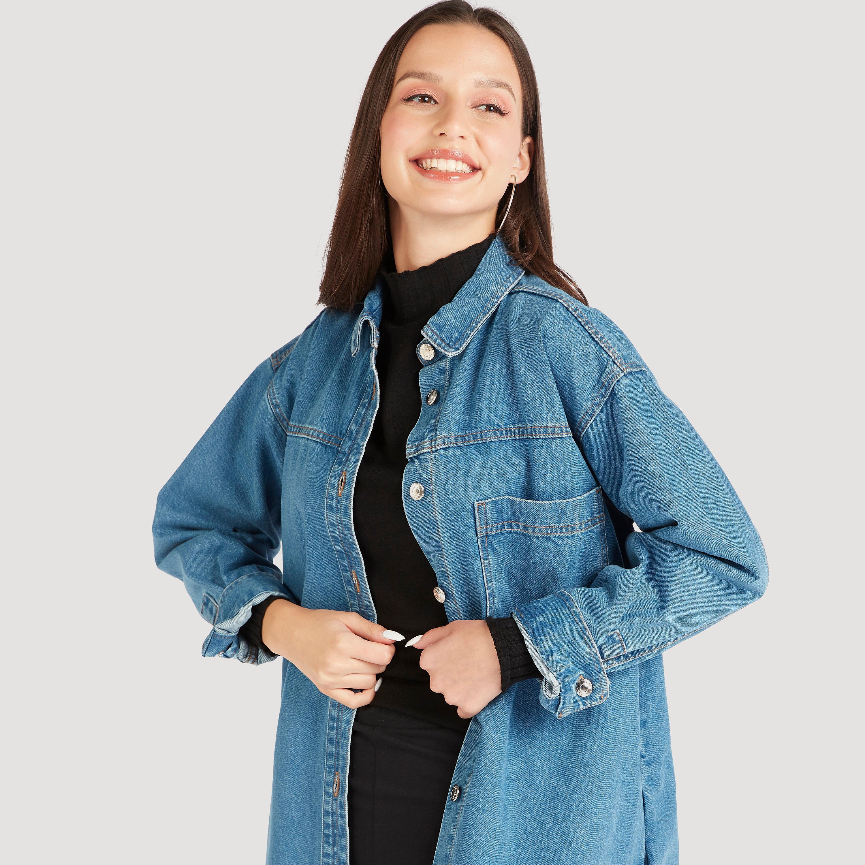 Longline Denim Jacket with Long Sleeves