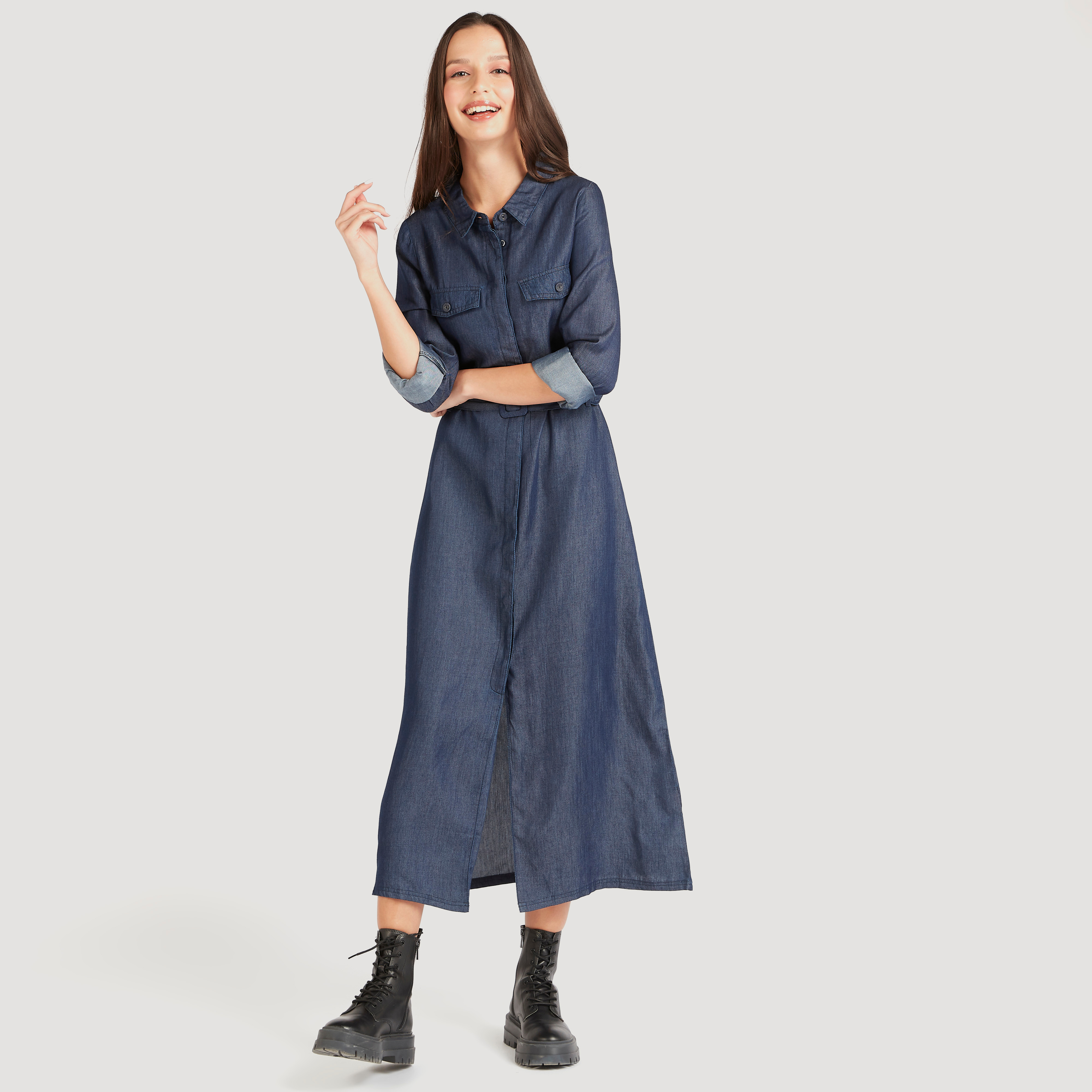 Denim Maxi Shirt Dress with Belt and Long Sleeves-women-clothing-dresses-image-2
