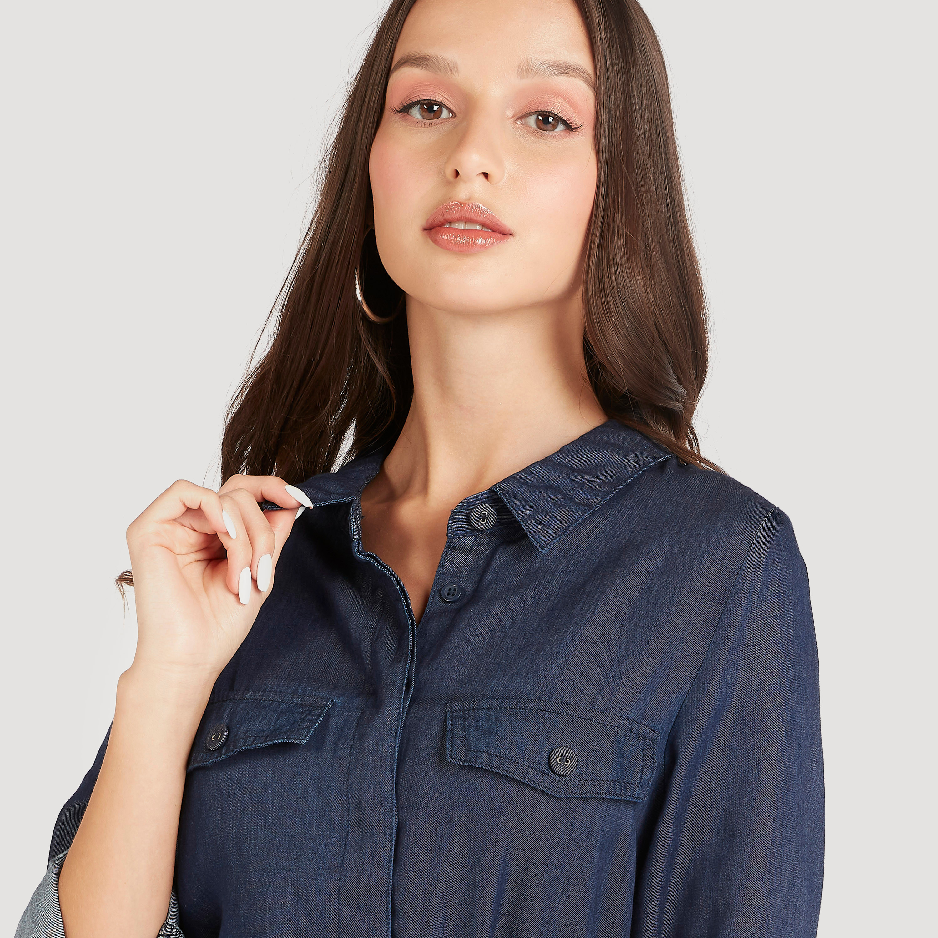 Denim Maxi Shirt Dress with Belt and Long Sleeves-women-clothing-dresses-image-3