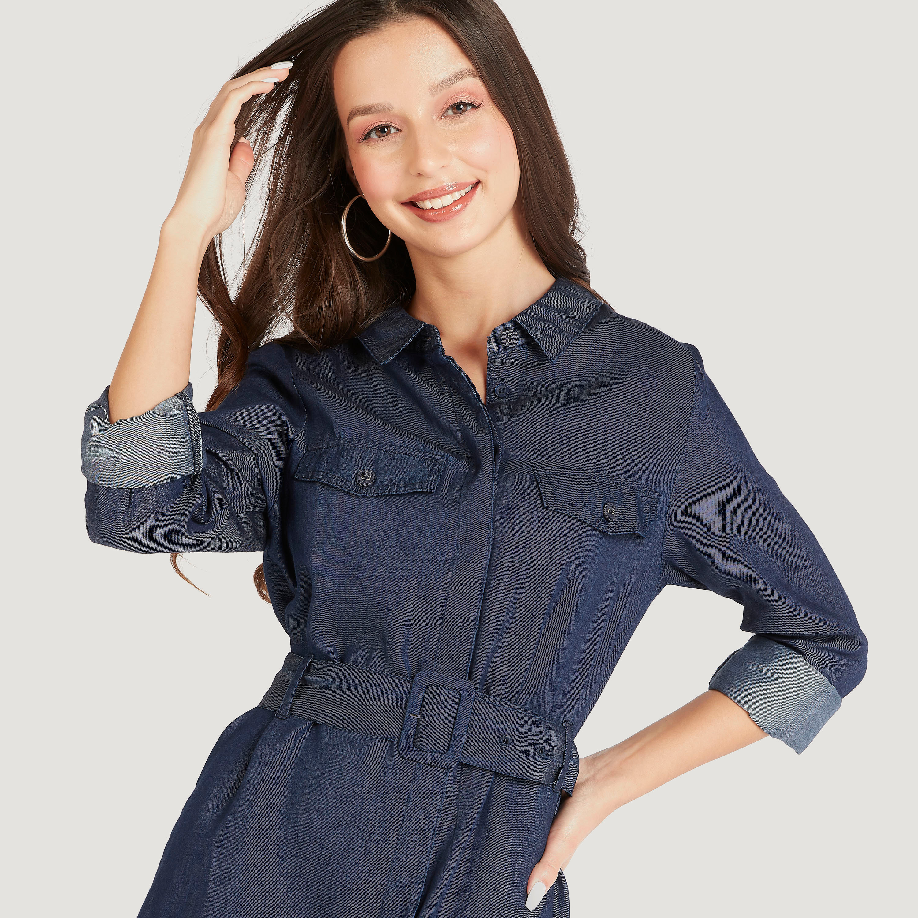 Denim Maxi Shirt Dress with Belt and Long Sleeves-women-clothing-dresses-image-5
