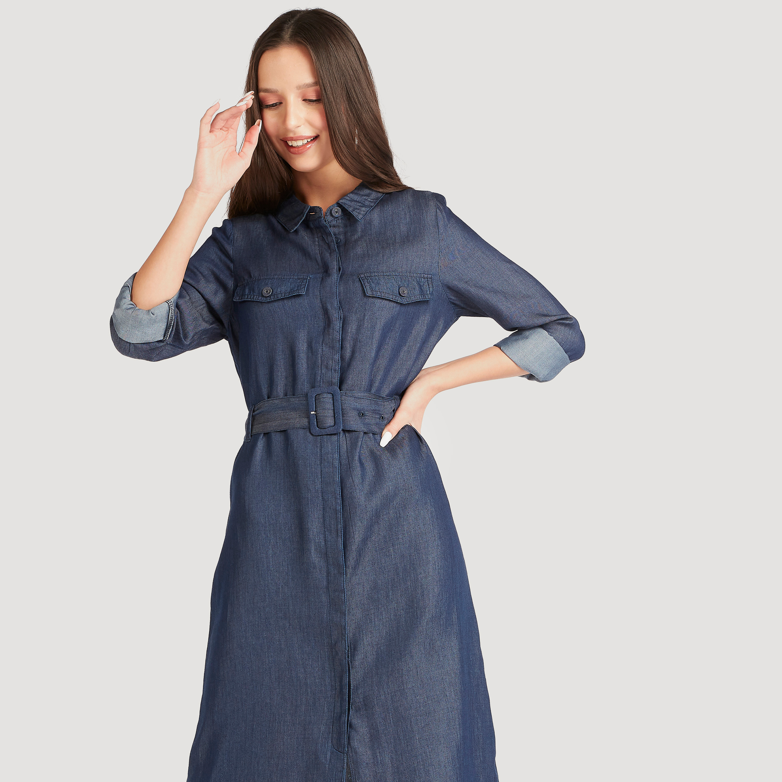 Denim Maxi Shirt Dress with Belt and Long Sleeves-women-clothing-dresses-image-6