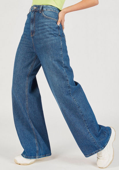 Solid Mid-Rise Denim Pants with Button Closure and Pockets-Jeans-image-0