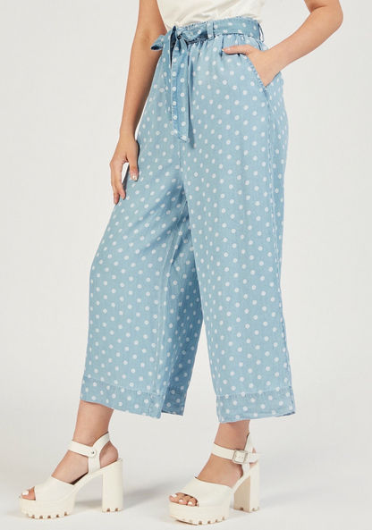 Polka Dot Print Palazzo Jeans with Tie-Up Waist Belt and Pockets-Jeans-image-0