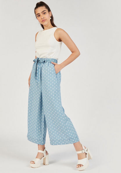Polka Dot Print Palazzo Jeans with Tie-Up Waist Belt and Pockets-Jeans-image-1