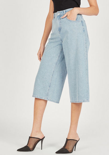 Solid Denim Culottes with Pockets and Button Closure-Pants-image-0