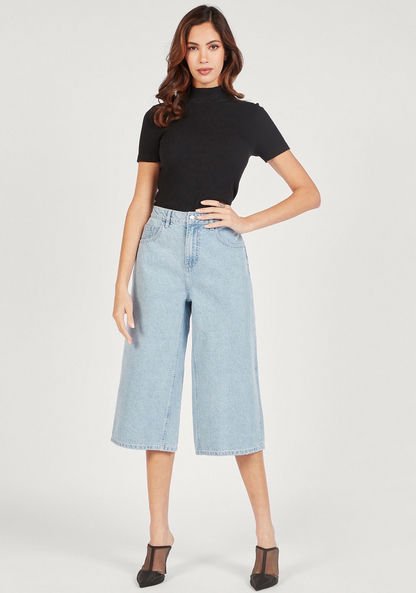 Solid Denim Culottes with Pockets and Button Closure-Pants-image-1