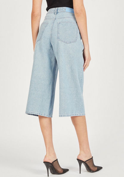 Solid Denim Culottes with Pockets and Button Closure-Pants-image-3