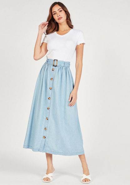 Solid Denim Skirt with Buckled Belt and Button Closure-Skirts-image-1