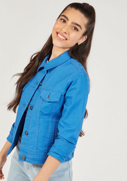 Solid Denim Jacket with Button Closure and Pockets-Jackets-image-2
