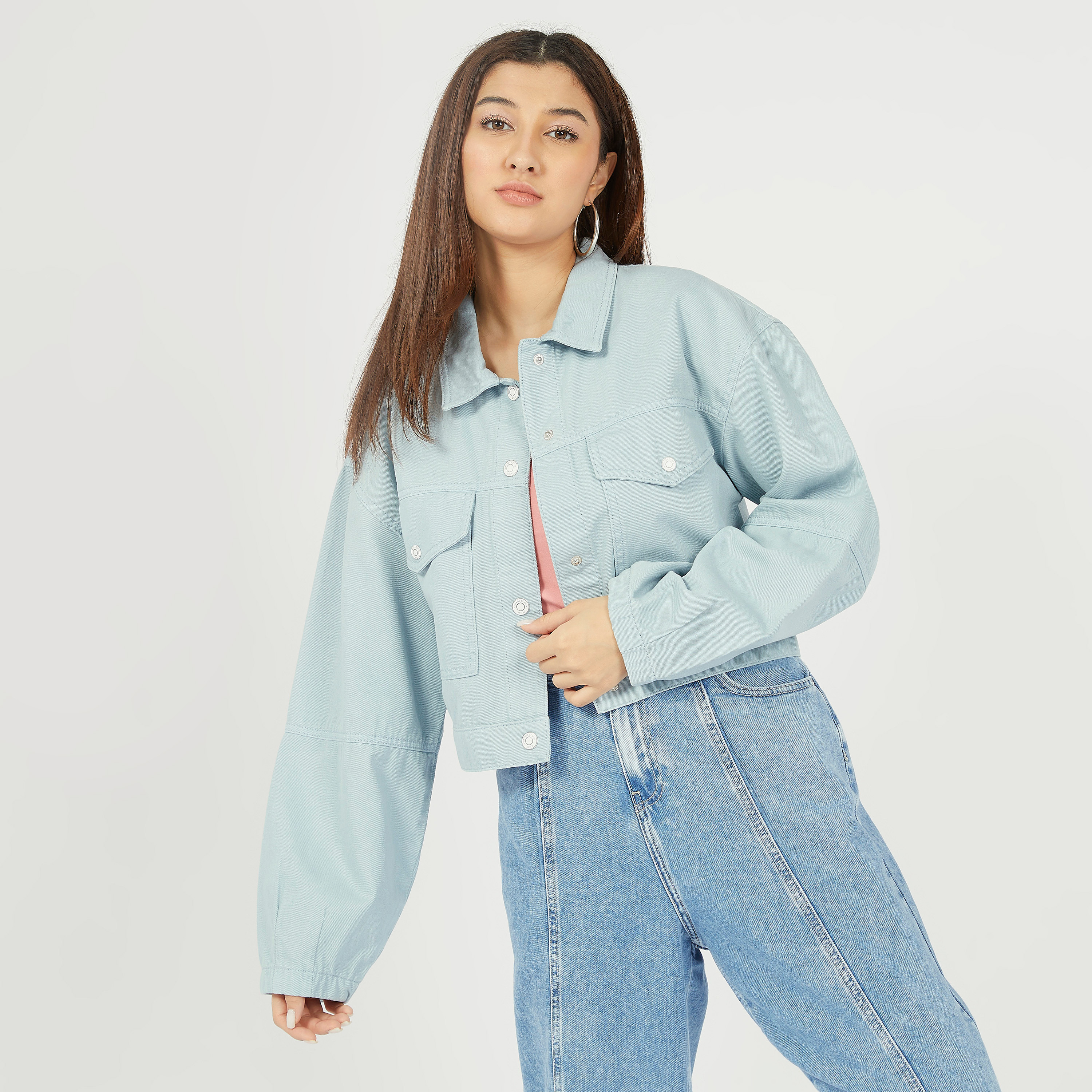 جاكيت دنيم سادة بجيوب وأزرار إغلاق-women-winterwear-coatsandjackets-jackets-image-1