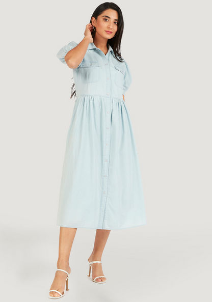 Solid Denim Midi Shirt Dress with Pockets and Puff Sleeves-Dresses-image-0