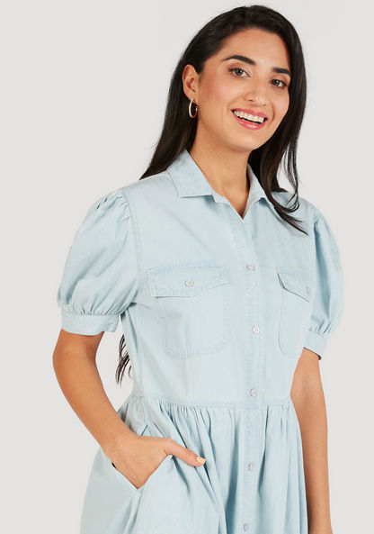Solid Denim Midi Shirt Dress with Pockets and Puff Sleeves-Dresses-image-2