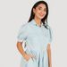 Solid Denim Midi Shirt Dress with Pockets and Puff Sleeves-Dresses-thumbnailMobile-2