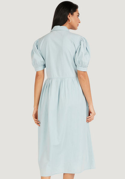 Solid Denim Midi Shirt Dress with Pockets and Puff Sleeves-Dresses-image-3