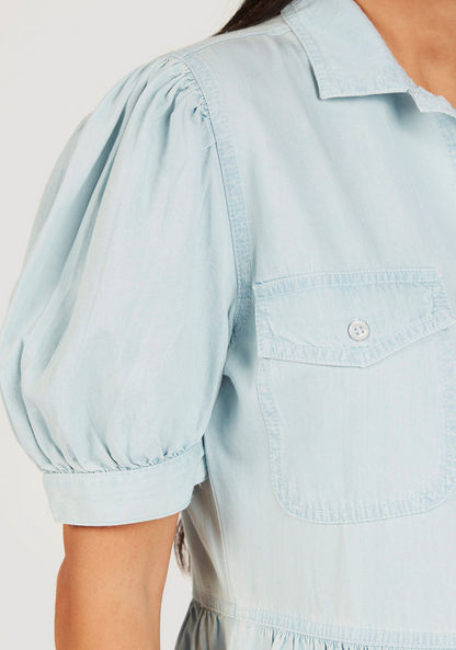 Solid Denim Midi Shirt Dress with Pockets and Puff Sleeves-Dresses-image-4