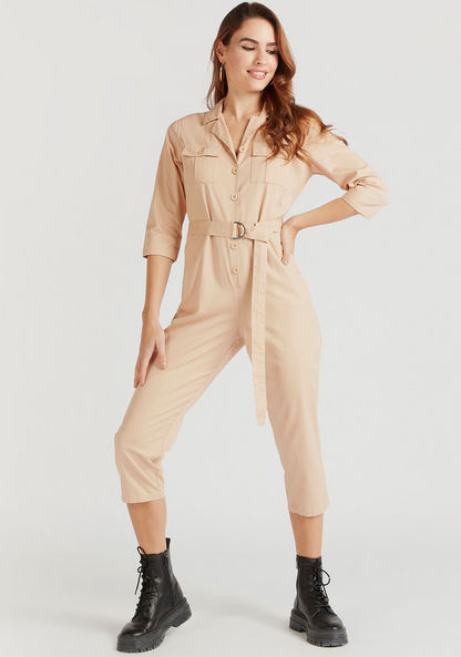 Solid Denim Jumpsuit with 3/4 Sleeves and Tie-Up Belt-Jumpsuits & Playsuits-image-0