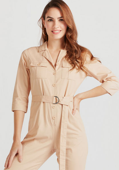 Solid Denim Jumpsuit with 3/4 Sleeves and Tie-Up Belt-Jumpsuits & Playsuits-image-1