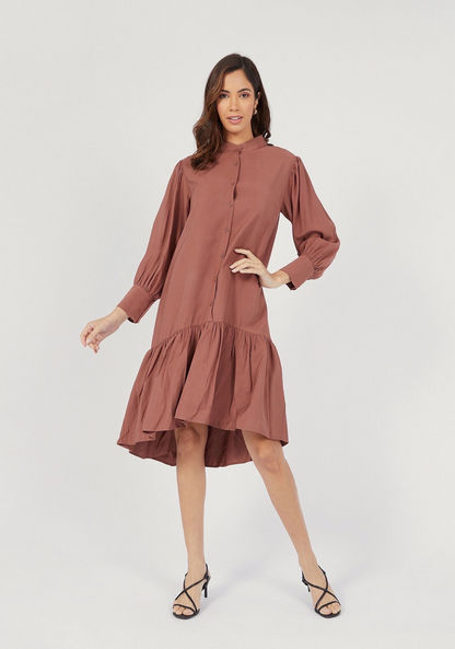 Solid Midi A-line Dress with Button Closure and Pleated Detail-Dresses-image-0