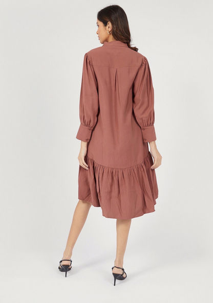 Solid Midi A-line Dress with Button Closure and Pleated Detail-Dresses-image-3