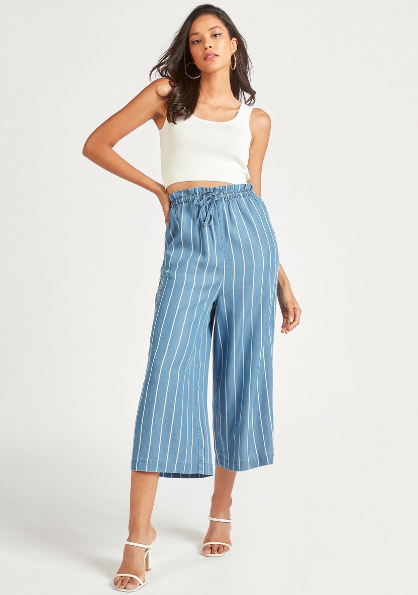 Striped Culottes with Pockets and Elasticated Drawstring Waist-Pants-image-1