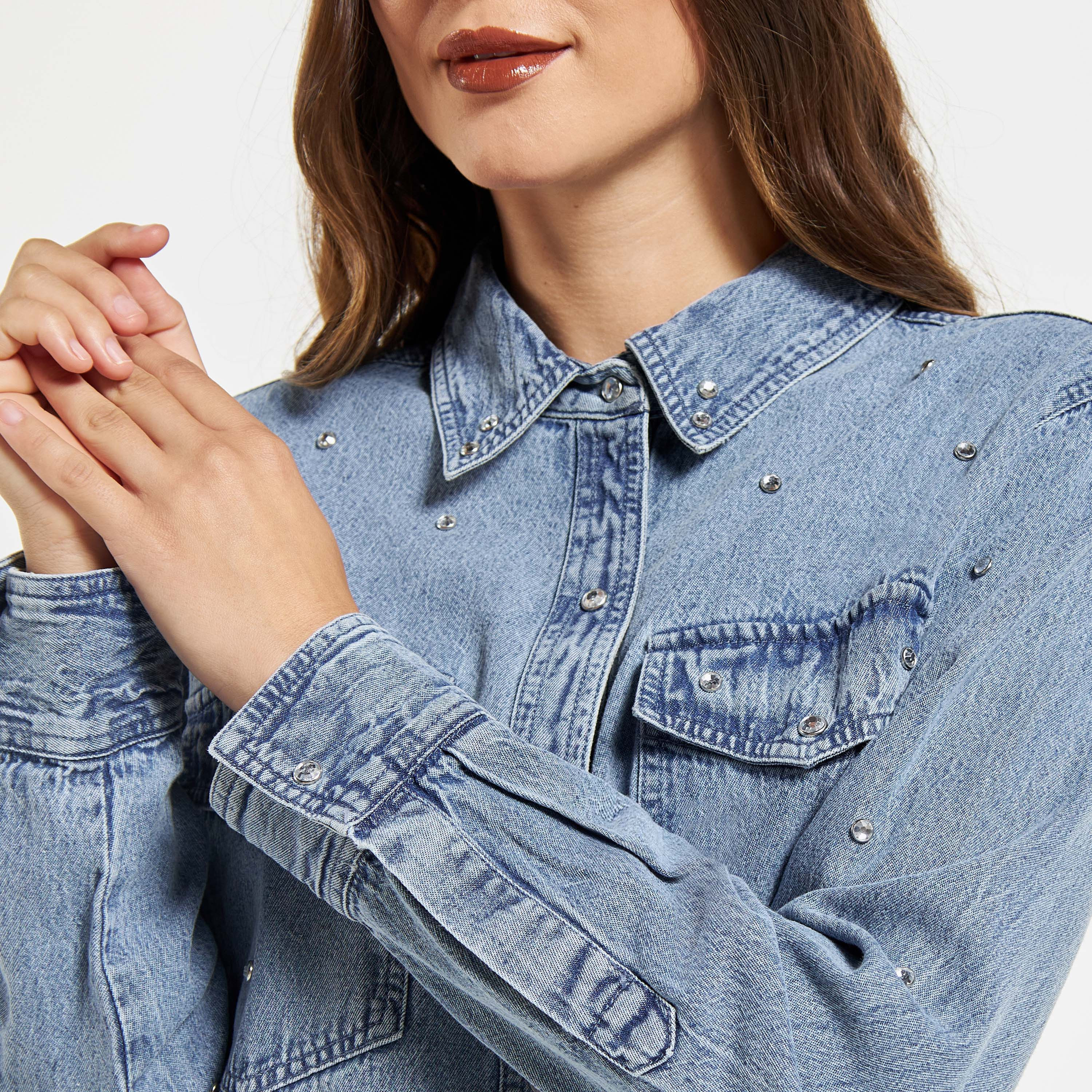 Denim short hot sale sleeve blouses