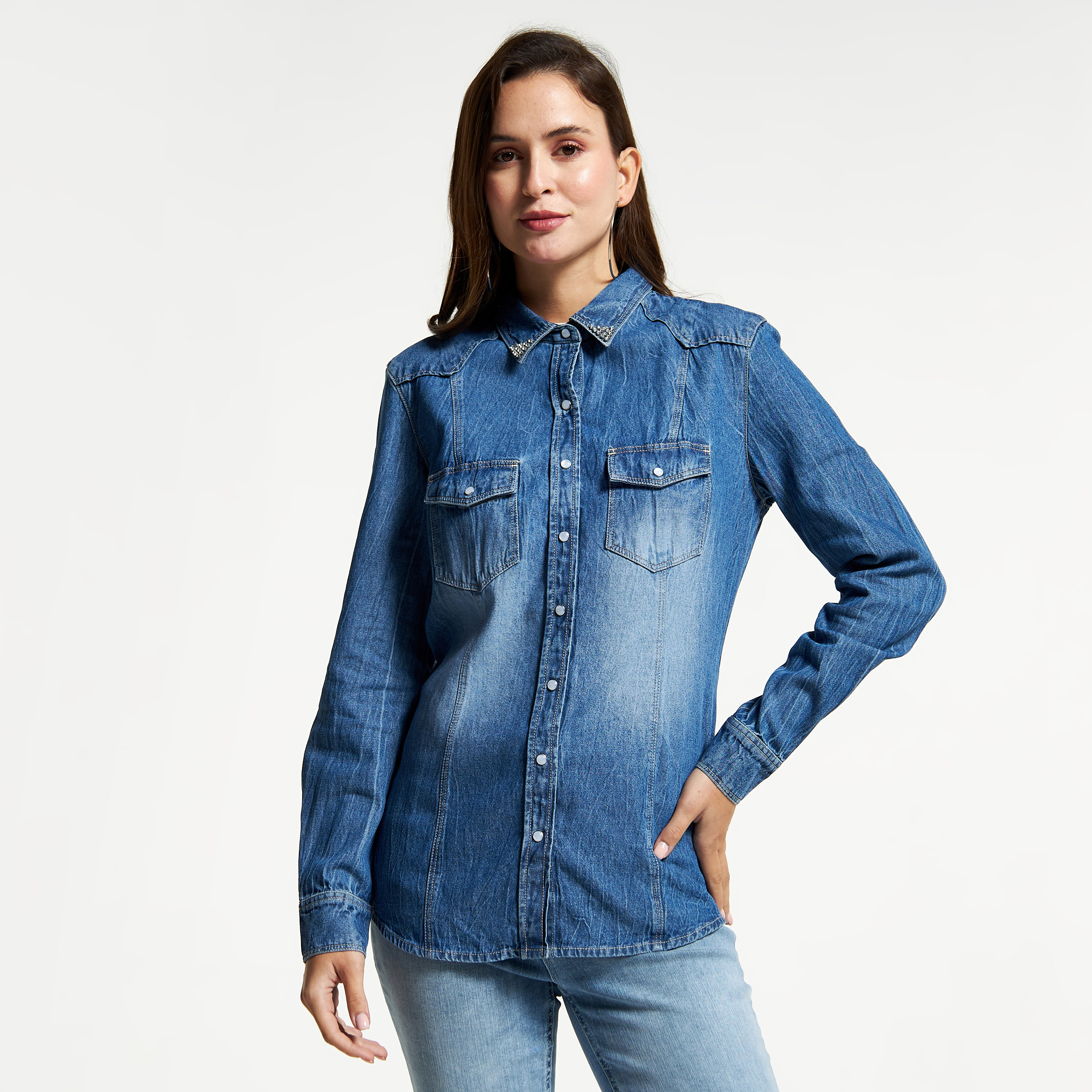 Denim Button Up Shirt with Chest Pockets and Long Sleeves