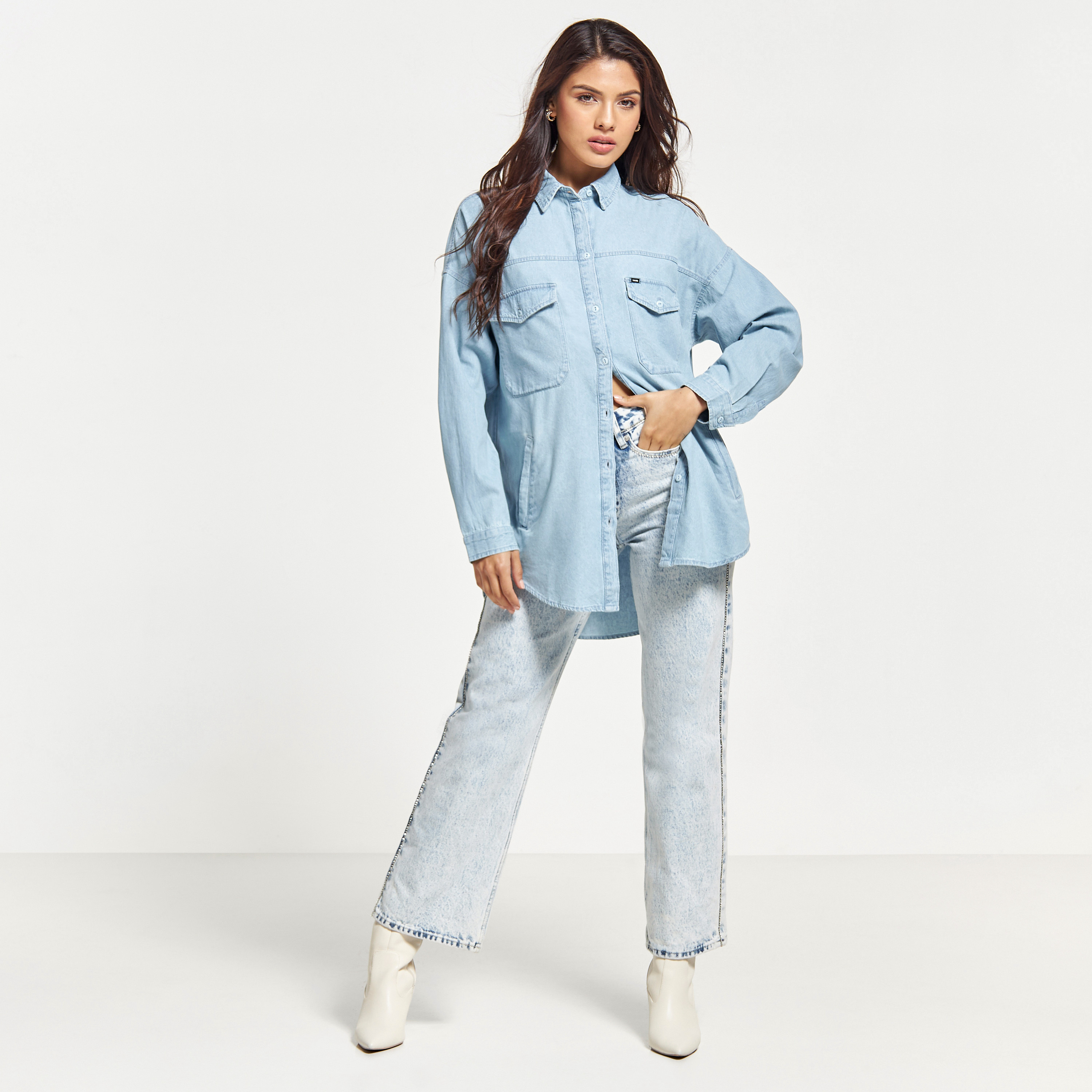 Buy Oversized Longline Denim Shirt with Patch Pocket Medium Blue For Women  | Styli Kuwait