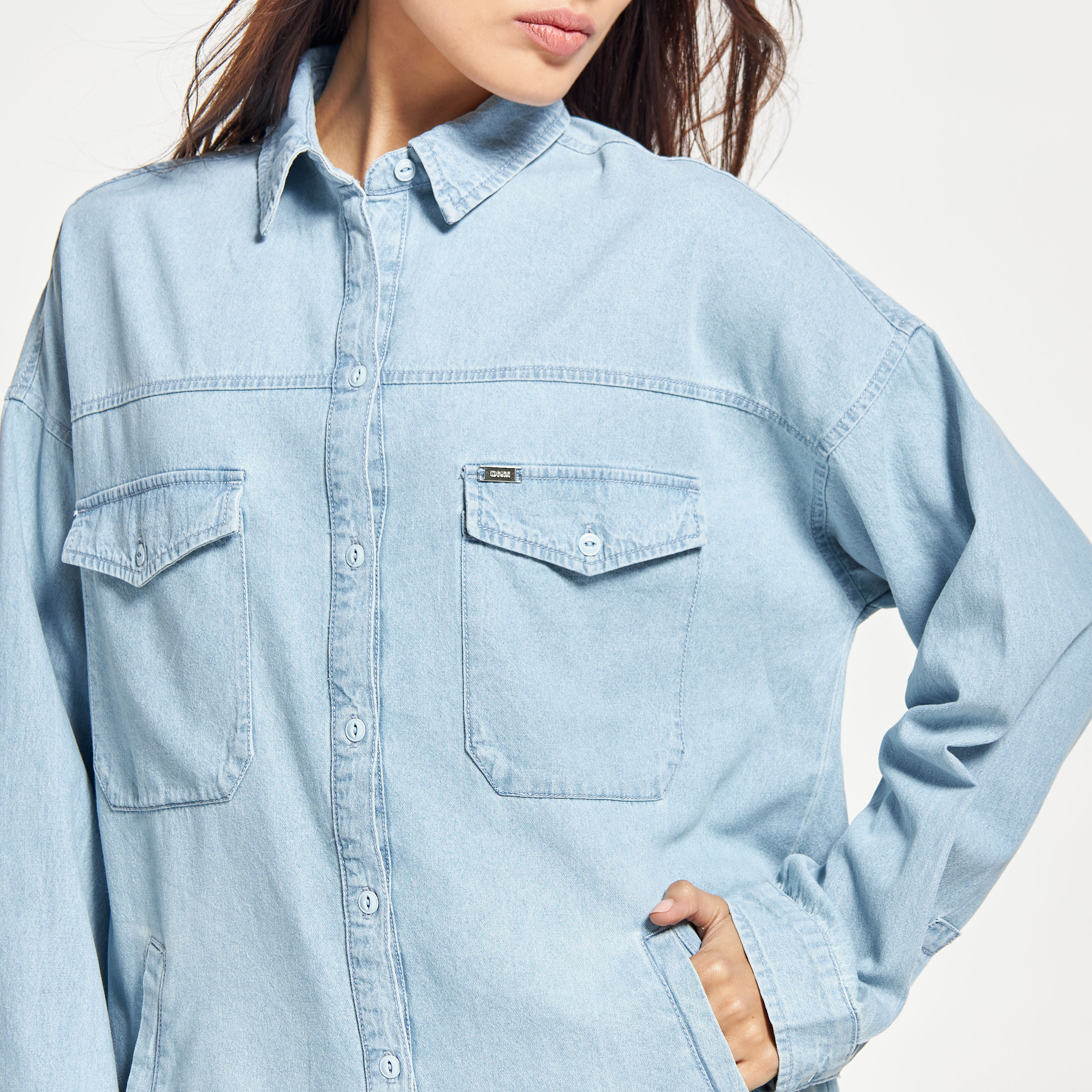 Buy Styli Light Blue Cotton Regular Fit Shirt for Women Online @ Tata CLiQ