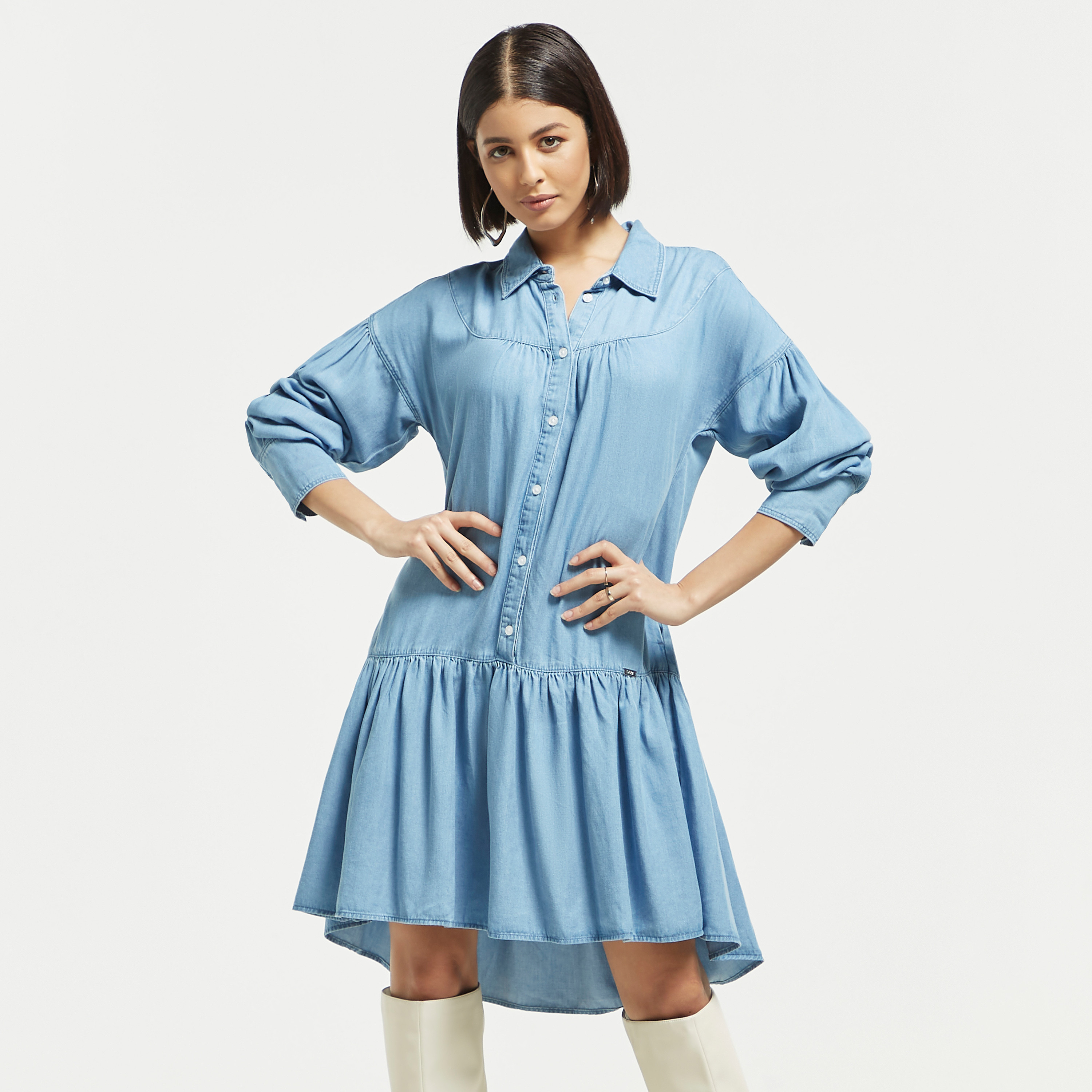 Buy Women s Solid Drop Waist Shirt Dress with Spread Collar and